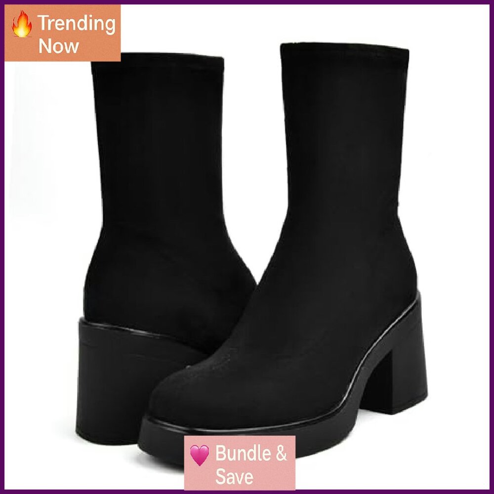 Square Toe Platform Booties Suede Zip Chunky Heel… - image 5